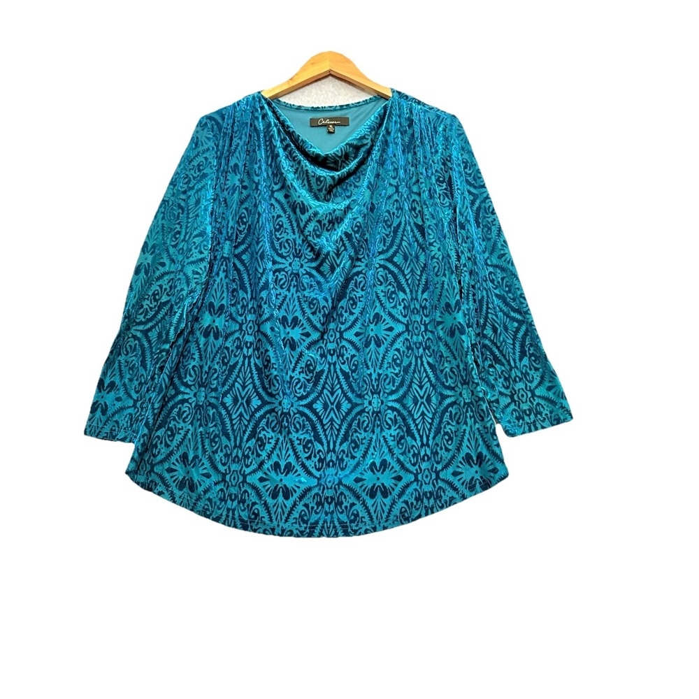 Calessa Art to Wear XL Paisley Velvet Burn Out Long Sleeve Fairy Tunic Top Teal